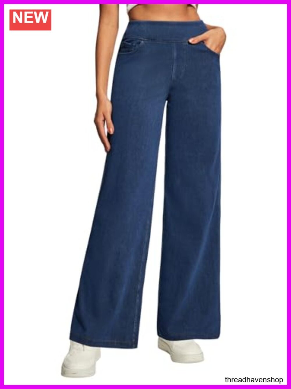 Wide Leg Jeans for Women Trendy Stretchy Pull On High Waist Tummy Control 5